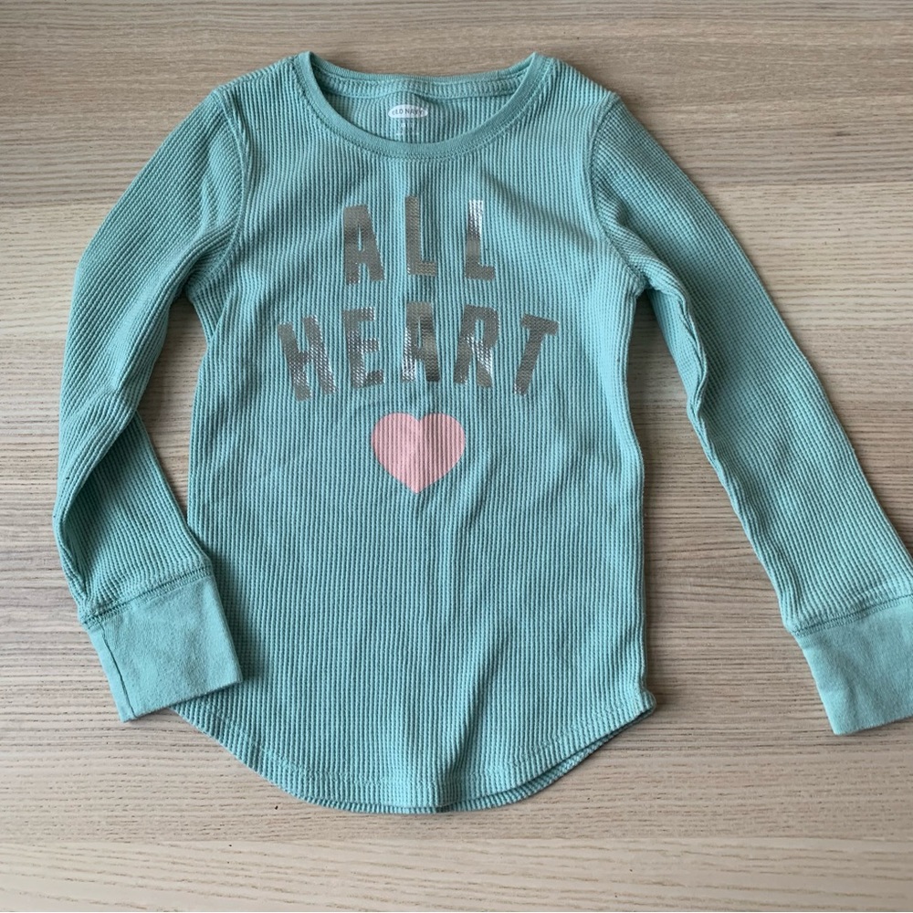 Old Navy Girls Thermal T Shirt Mint Green Sz XS (5) “All Heart” Graphic Tee